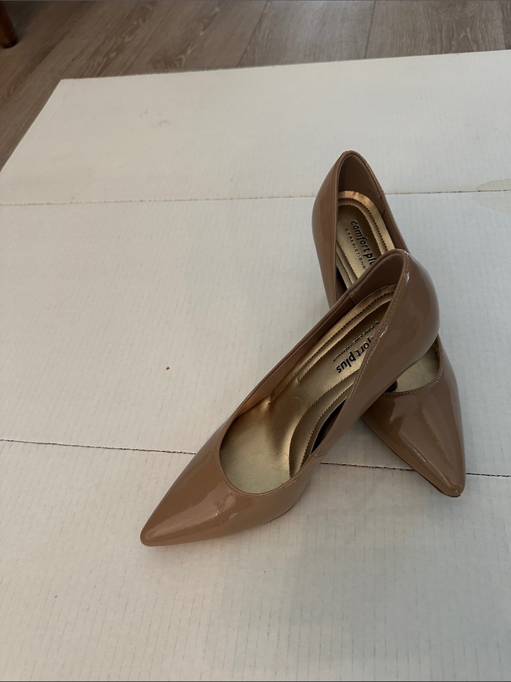 comfort plus by Predictions Tan Patent Pointed-Toe Pumps